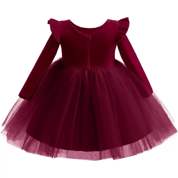 IDOPIP Toddler Baby Flower Girls Velvet Tutu Dress Fall Long Sleeve Princess Pageant Wedding Christmas Birthday Party DressesWine Red