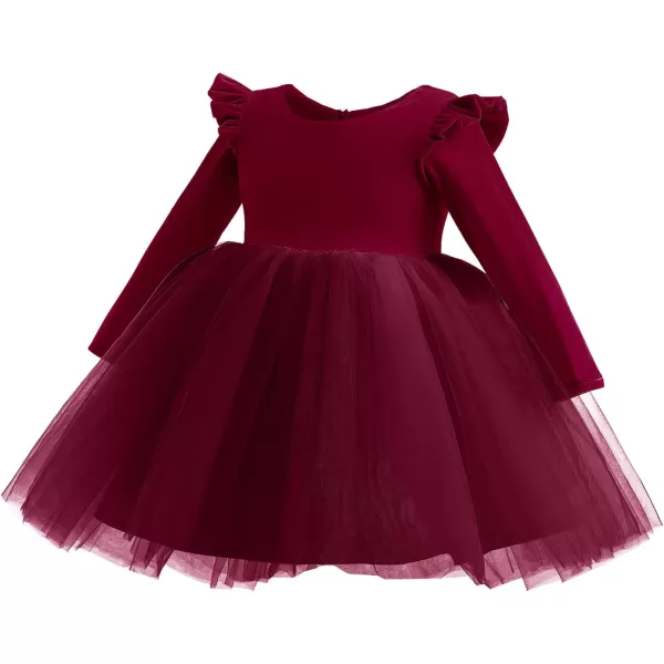 IDOPIP Toddler Baby Flower Girls Velvet Tutu Dress Fall Long Sleeve Princess Pageant Wedding Christmas Birthday Party DressesWine Red