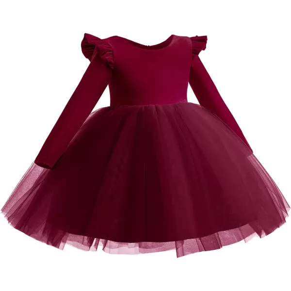 IDOPIP Toddler Baby Flower Girls Velvet Tutu Dress Fall Long Sleeve Princess Pageant Wedding Christmas Birthday Party DressesWine Red