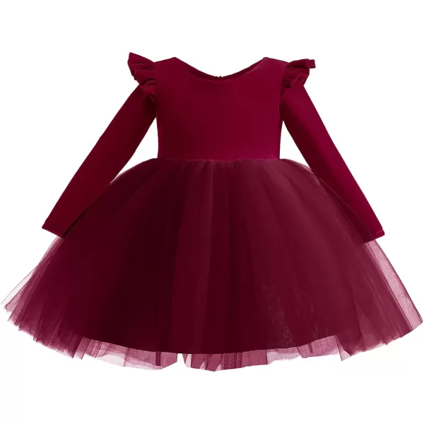 IDOPIP Toddler Baby Flower Girls Velvet Tutu Dress Fall Long Sleeve Princess Pageant Wedding Christmas Birthday Party DressesWine Red