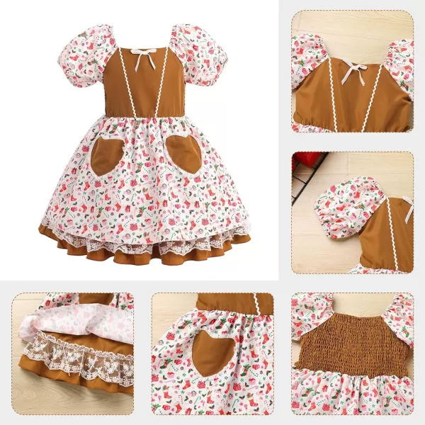 IDOPIP Toddler Baby Girls Cow Plaid Strawberry Rainbow Tutu Dress Summer Sleeveless Princess Birthday Party Dresses ClothesBrown Print  Puff Sleeves