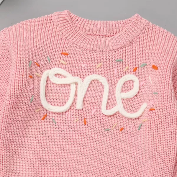 IDOPIP Toddler Baby Girls First Birthday Outfit Boho Embroidery One Sweater Top Knit Pullover Sweatshirt Fall Winter ClothesPink