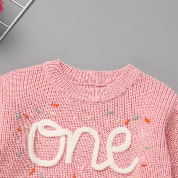 IDOPIP Toddler Baby Girls First Birthday Outfit Boho Embroidery One Sweater Top Knit Pullover Sweatshirt Fall Winter ClothesPink