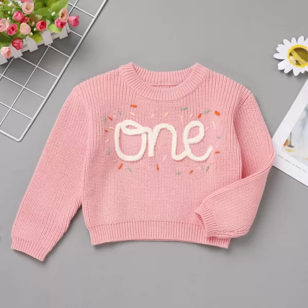 IDOPIP Toddler Baby Girls First Birthday Outfit Boho Embroidery One Sweater Top Knit Pullover Sweatshirt Fall Winter ClothesPink