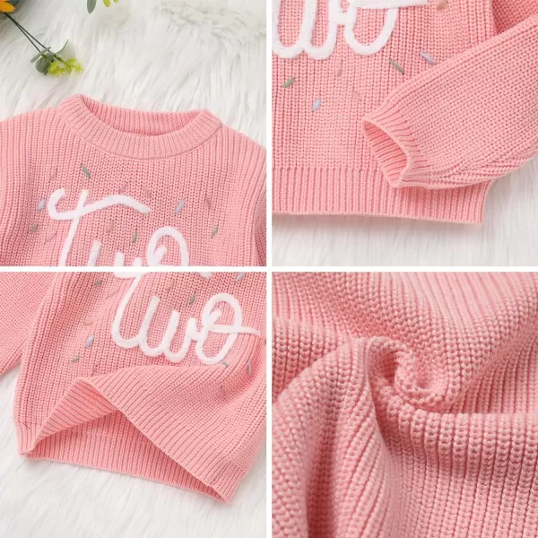 IDOPIP Toddler Baby Girls First Birthday Outfit Boho Embroidery One Sweater Top Knit Pullover Sweatshirt Fall Winter ClothesPink Two