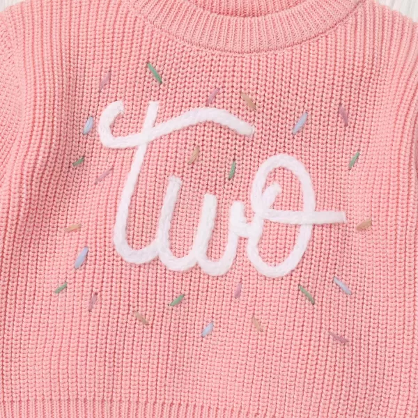 IDOPIP Toddler Baby Girls First Birthday Outfit Boho Embroidery One Sweater Top Knit Pullover Sweatshirt Fall Winter ClothesPink Two