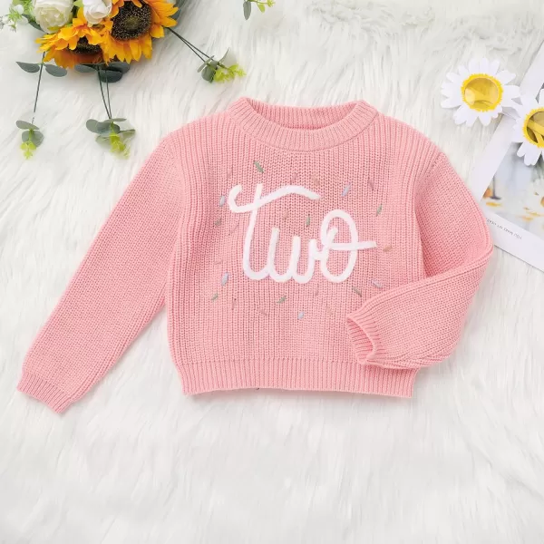 IDOPIP Toddler Baby Girls First Birthday Outfit Boho Embroidery One Sweater Top Knit Pullover Sweatshirt Fall Winter ClothesPink Two