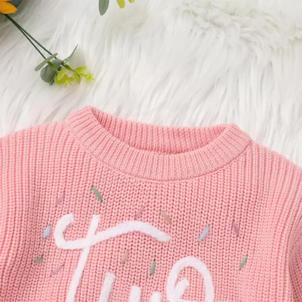 IDOPIP Toddler Baby Girls First Birthday Outfit Boho Embroidery One Sweater Top Knit Pullover Sweatshirt Fall Winter ClothesPink Two
