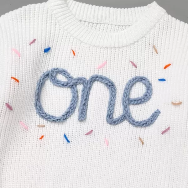 IDOPIP Toddler Baby Girls First Birthday Outfit Boho Embroidery One Sweater Top Knit Pullover Sweatshirt Fall Winter ClothesWhite  Blue