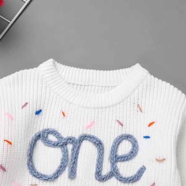 IDOPIP Toddler Baby Girls First Birthday Outfit Boho Embroidery One Sweater Top Knit Pullover Sweatshirt Fall Winter ClothesWhite  Blue