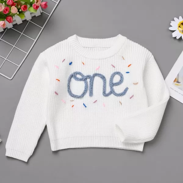 IDOPIP Toddler Baby Girls First Birthday Outfit Boho Embroidery One Sweater Top Knit Pullover Sweatshirt Fall Winter ClothesWhite  Blue