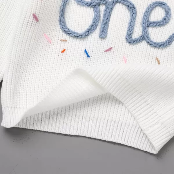 IDOPIP Toddler Baby Girls First Birthday Outfit Boho Embroidery One Sweater Top Knit Pullover Sweatshirt Fall Winter ClothesWhite  Blue