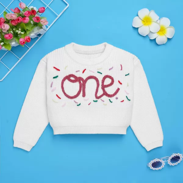 IDOPIP Toddler Baby Girls First Birthday Outfit Boho Embroidery One Sweater Top Knit Pullover Sweatshirt Fall Winter ClothesWhite  Dusty Pink