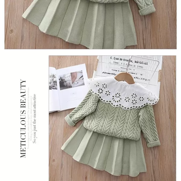 IDOPIP Toddler Baby Girls Outfit Long Sleeve Ruffle Sweater Top Tutu Skirt Christmas Birthday Party Dress Fall Winter ClothesGreen Lace