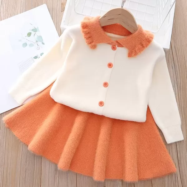 IDOPIP Toddler Baby Girls Outfit Long Sleeve Ruffle Sweater Top Tutu Skirt Christmas Birthday Party Dress Fall Winter ClothesOrange  Button