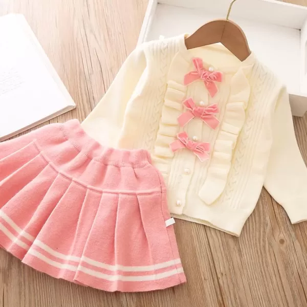 IDOPIP Toddler Baby Girls Outfit Long Sleeve Ruffle Sweater Top Tutu Skirt Christmas Birthday Party Dress Fall Winter ClothesPink  Bowknot