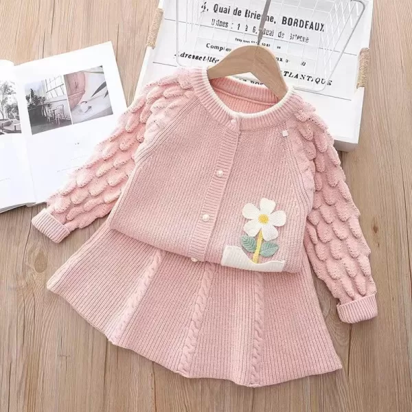 IDOPIP Toddler Baby Girls Outfit Long Sleeve Ruffle Sweater Top Tutu Skirt Christmas Birthday Party Dress Fall Winter ClothesPink Flower