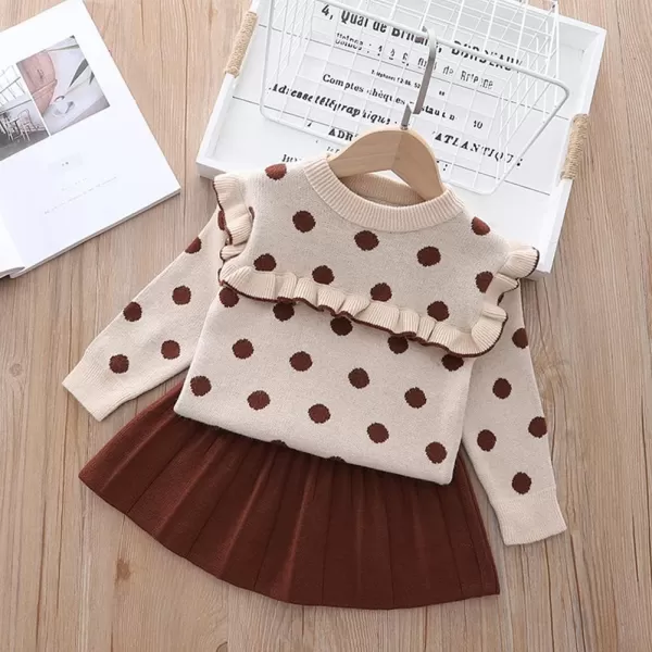 IDOPIP Toddler Baby Girls Ruffle Long Sleeve Knit Sweater Top  Tutu Skirt Casual Birthday Party Dress Fall Winter Outfit SetKhaki Polka Dot