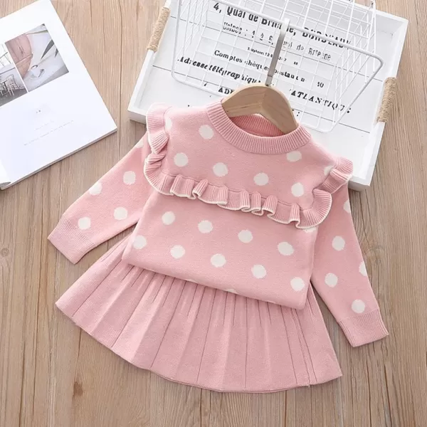 IDOPIP Toddler Baby Girls Ruffle Long Sleeve Knit Sweater Top  Tutu Skirt Casual Birthday Party Dress Fall Winter Outfit SetPink Polka Dot