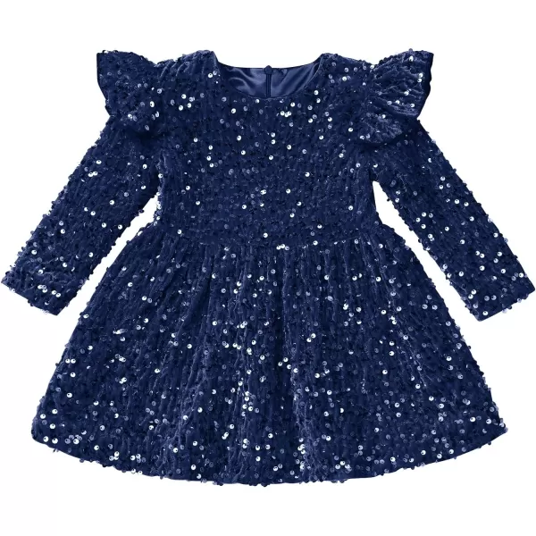 IDOPIP Toddler Baby Girls Sequin Velvet Tutu Dress Long Sleeve Princess Christmas Birthday Party Dresses Fall Winter ClothesNavy Blue