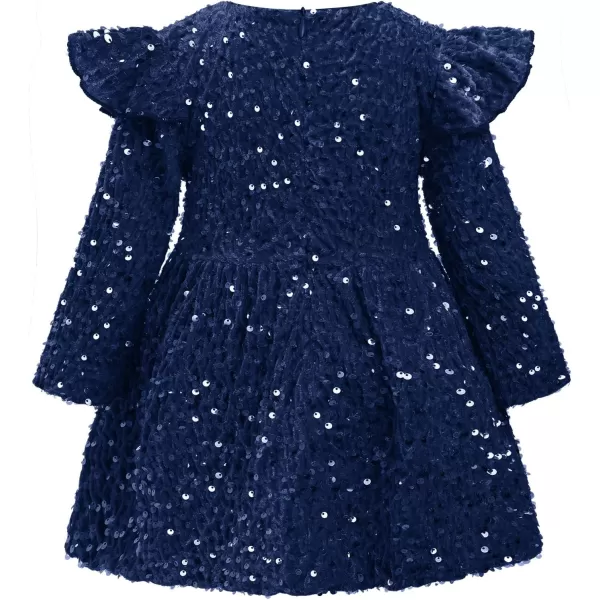 IDOPIP Toddler Baby Girls Sequin Velvet Tutu Dress Long Sleeve Princess Christmas Birthday Party Dresses Fall Winter ClothesNavy Blue