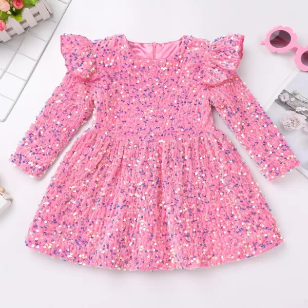 IDOPIP Toddler Baby Girls Sequin Velvet Tutu Dress Long Sleeve Princess Christmas Birthday Party Dresses Fall Winter ClothesPink