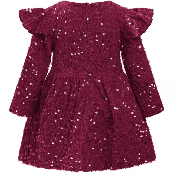 IDOPIP Toddler Baby Girls Sequin Velvet Tutu Dress Long Sleeve Princess Christmas Birthday Party Dresses Fall Winter ClothesWine Red