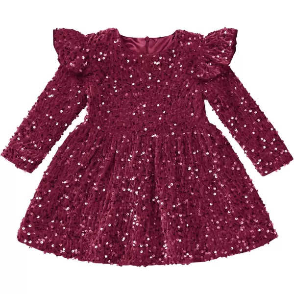 IDOPIP Toddler Baby Girls Sequin Velvet Tutu Dress Long Sleeve Princess Christmas Birthday Party Dresses Fall Winter ClothesWine Red