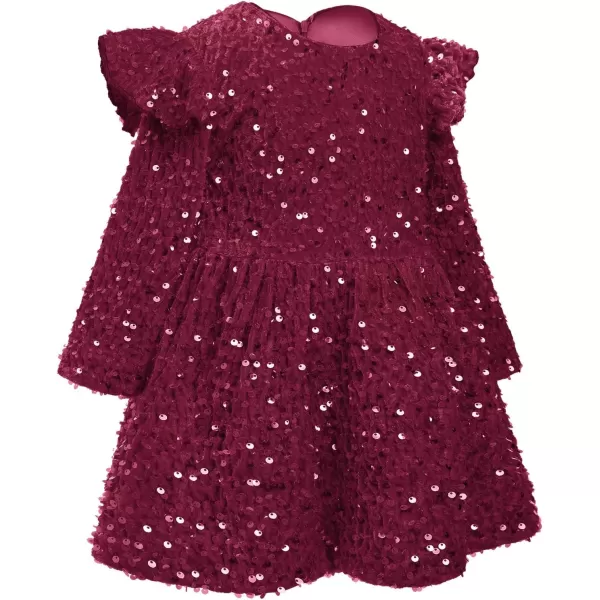 IDOPIP Toddler Baby Girls Sequin Velvet Tutu Dress Long Sleeve Princess Christmas Birthday Party Dresses Fall Winter ClothesWine Red