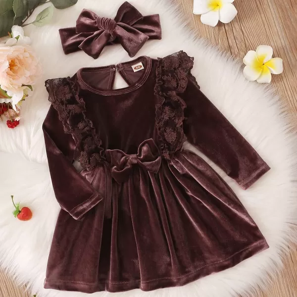 IDOPIP Toddler Baby Girls Velvet Tutu Dress Long Sleeve Princess Christmas Birthday Party Wedding Dresses Fall Winter ClothesBrown  Headband