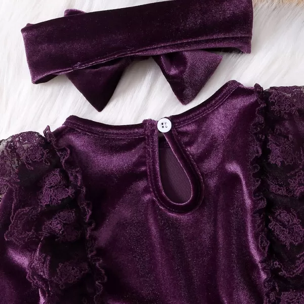 IDOPIP Toddler Baby Girls Velvet Tutu Dress Long Sleeve Princess Christmas Birthday Party Wedding Dresses Fall Winter ClothesDark Purple  Headband