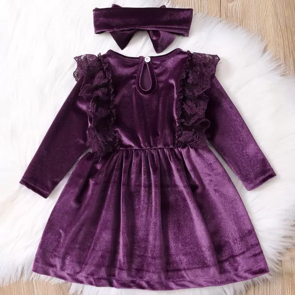 IDOPIP Toddler Baby Girls Velvet Tutu Dress Long Sleeve Princess Christmas Birthday Party Wedding Dresses Fall Winter ClothesDark Purple  Headband