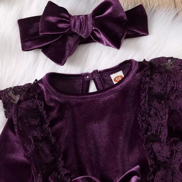 IDOPIP Toddler Baby Girls Velvet Tutu Dress Long Sleeve Princess Christmas Birthday Party Wedding Dresses Fall Winter ClothesDark Purple  Headband