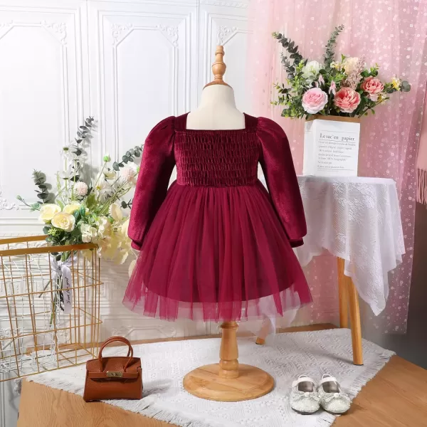 IDOPIP Toddler Baby Girls Velvet Tutu Dress Long Sleeve Princess Christmas Birthday Party Wedding Dresses Fall Winter ClothesDark Red  Smocked Back