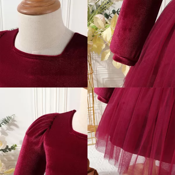 IDOPIP Toddler Baby Girls Velvet Tutu Dress Long Sleeve Princess Christmas Birthday Party Wedding Dresses Fall Winter ClothesDark Red  Smocked Back