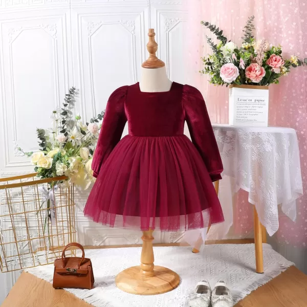 IDOPIP Toddler Baby Girls Velvet Tutu Dress Long Sleeve Princess Christmas Birthday Party Wedding Dresses Fall Winter ClothesDark Red  Smocked Back