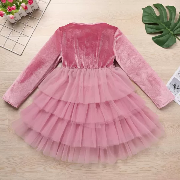 IDOPIP Toddler Baby Girls Velvet Tutu Dress Long Sleeve Princess Christmas Birthday Party Wedding Dresses Fall Winter ClothesDusty Pink