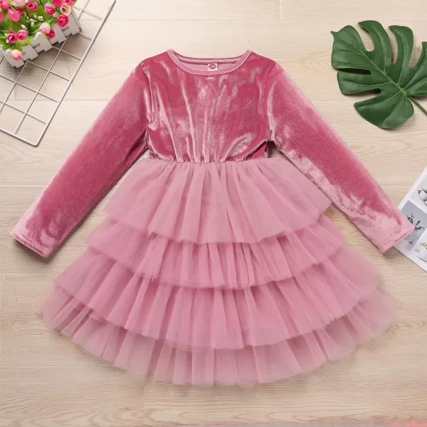 IDOPIP Toddler Baby Girls Velvet Tutu Dress Long Sleeve Princess Christmas Birthday Party Wedding Dresses Fall Winter ClothesDusty Pink