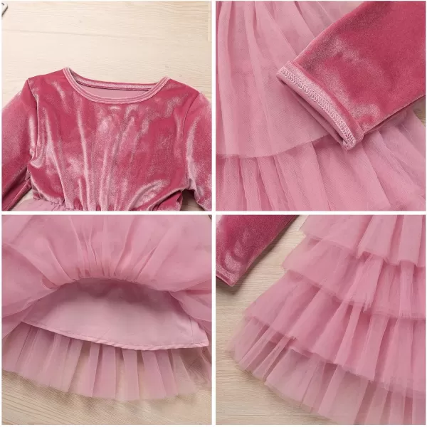 IDOPIP Toddler Baby Girls Velvet Tutu Dress Long Sleeve Princess Christmas Birthday Party Wedding Dresses Fall Winter ClothesDusty Pink