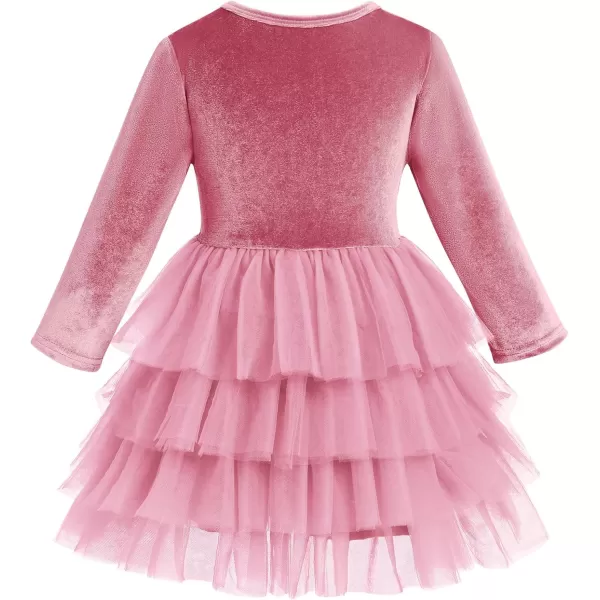 IDOPIP Toddler Baby Girls Velvet Tutu Dress Long Sleeve Princess Christmas Birthday Party Wedding Dresses Fall Winter ClothesDusty Pink