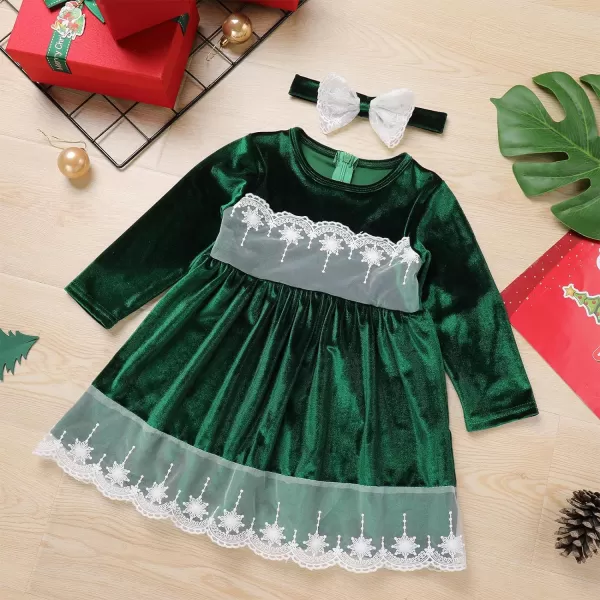 IDOPIP Toddler Baby Girls Velvet Tutu Dress Long Sleeve Princess Christmas Birthday Party Wedding Dresses Fall Winter ClothesGreen  Headband 2pcs