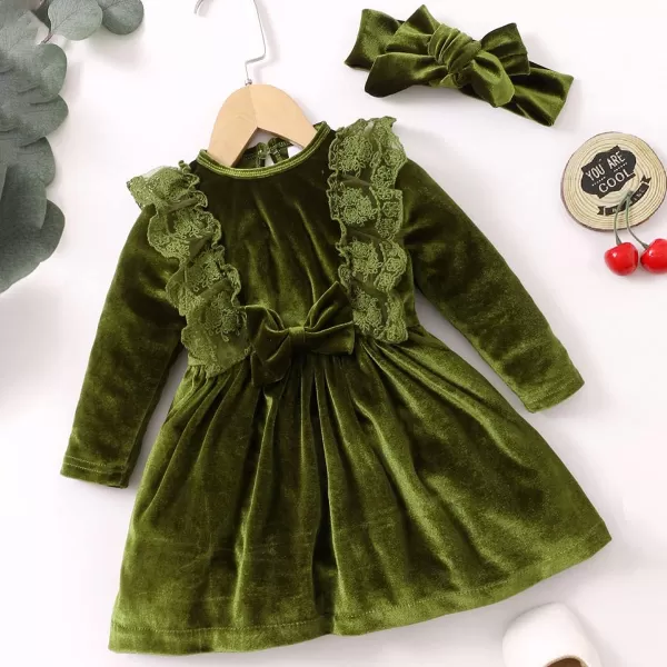 IDOPIP Toddler Baby Girls Velvet Tutu Dress Long Sleeve Princess Christmas Birthday Party Wedding Dresses Fall Winter ClothesGreen  Headband