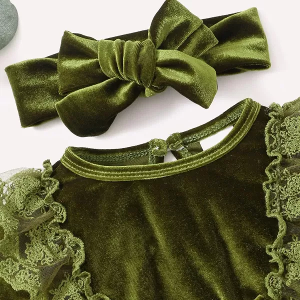 IDOPIP Toddler Baby Girls Velvet Tutu Dress Long Sleeve Princess Christmas Birthday Party Wedding Dresses Fall Winter ClothesGreen  Headband