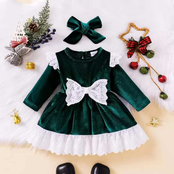 IDOPIP Toddler Baby Girls Velvet Tutu Dress Long Sleeve Princess Christmas Birthday Party Wedding Dresses Fall Winter ClothesGreen  Lace Bow