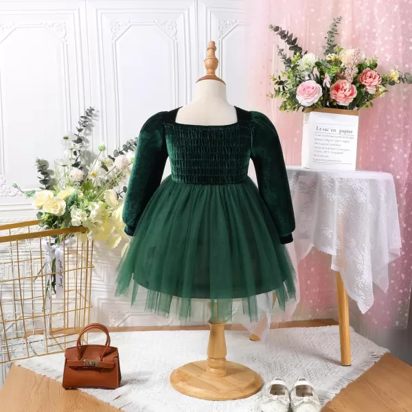 IDOPIP Toddler Baby Girls Velvet Tutu Dress Long Sleeve Princess Christmas Birthday Party Wedding Dresses Fall Winter ClothesGreen  Smocked Back
