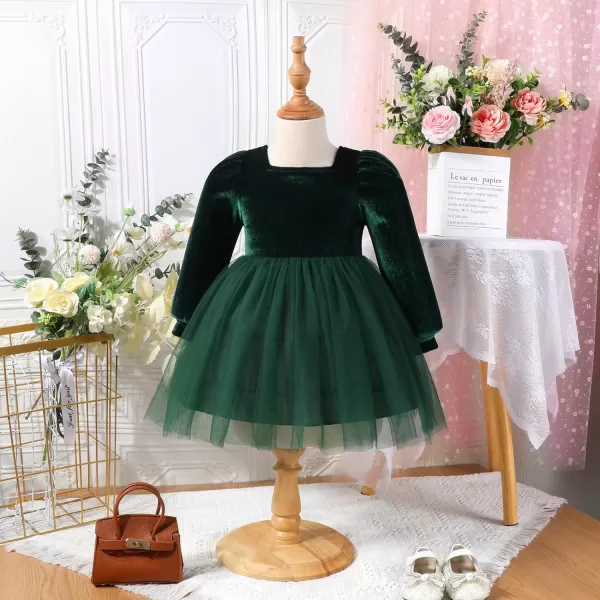 IDOPIP Toddler Baby Girls Velvet Tutu Dress Long Sleeve Princess Christmas Birthday Party Wedding Dresses Fall Winter ClothesGreen  Smocked Back