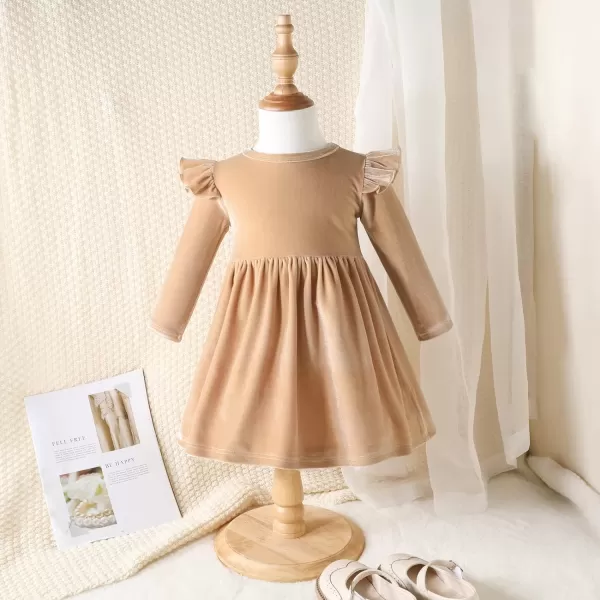 IDOPIP Toddler Baby Girls Velvet Tutu Dress Long Sleeve Princess Christmas Birthday Party Wedding Dresses Fall Winter ClothesKhaki