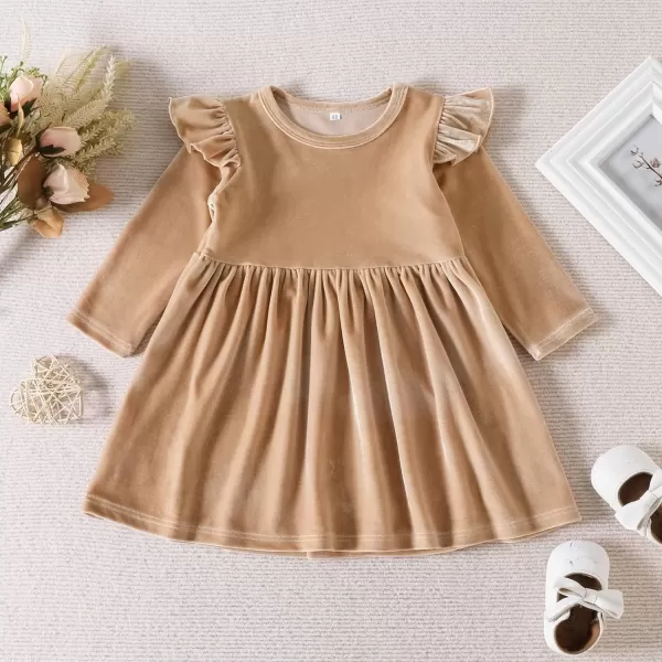 IDOPIP Toddler Baby Girls Velvet Tutu Dress Long Sleeve Princess Christmas Birthday Party Wedding Dresses Fall Winter ClothesKhaki