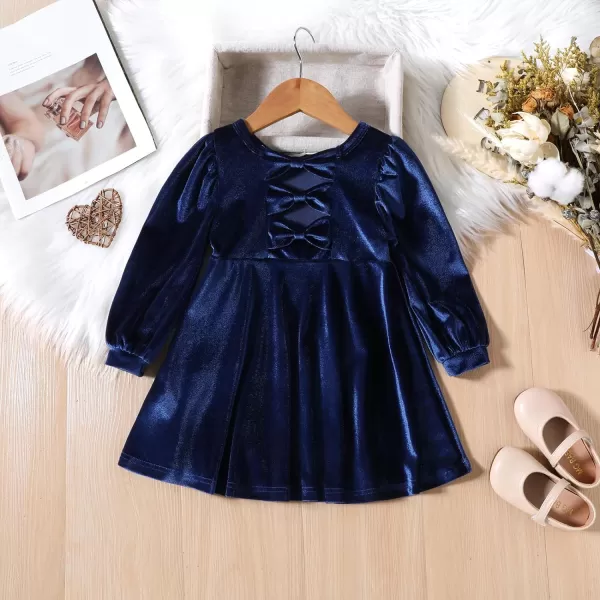 IDOPIP Toddler Baby Girls Velvet Tutu Dress Long Sleeve Princess Christmas Birthday Party Wedding Dresses Fall Winter ClothesNavy Blue  Bows