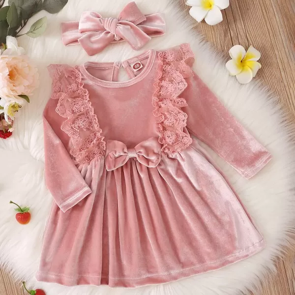 IDOPIP Toddler Baby Girls Velvet Tutu Dress Long Sleeve Princess Christmas Birthday Party Wedding Dresses Fall Winter ClothesPink  Headband
